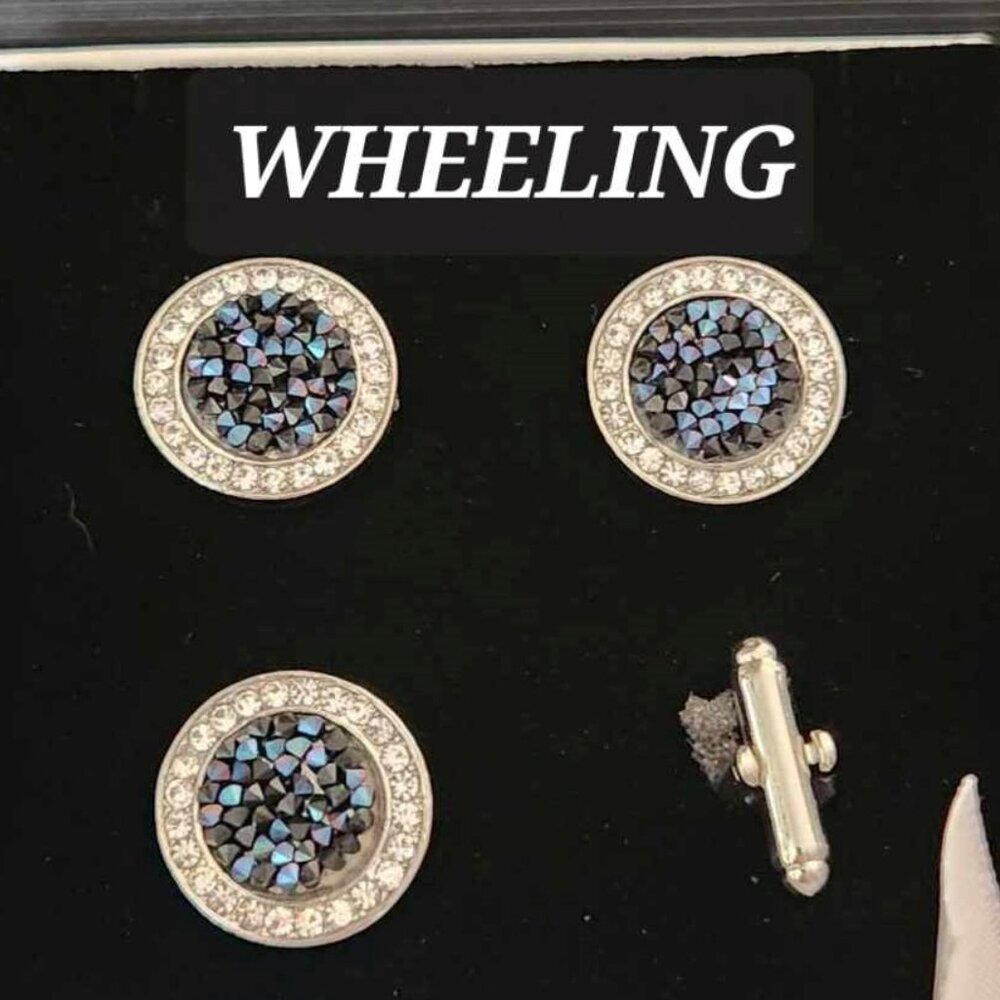 SADDLE BLANKET LINKS for Horse Show NUMBERS "Wheeling" Silver & Blue NEW in box